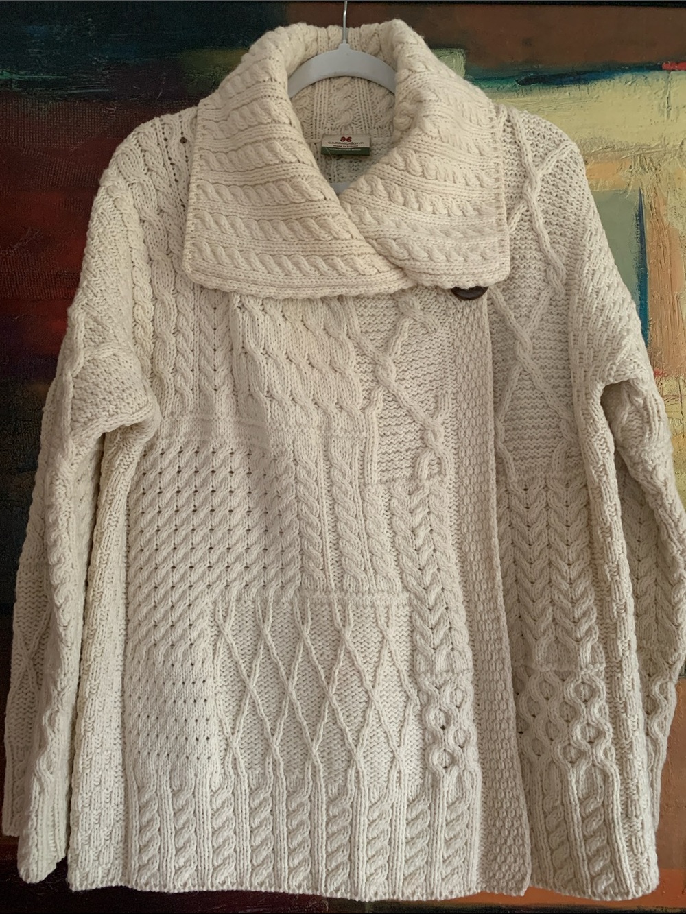 Carraig Donn 100% Merino Wool Aran Knit Wrap Sweater, Sz L-XL